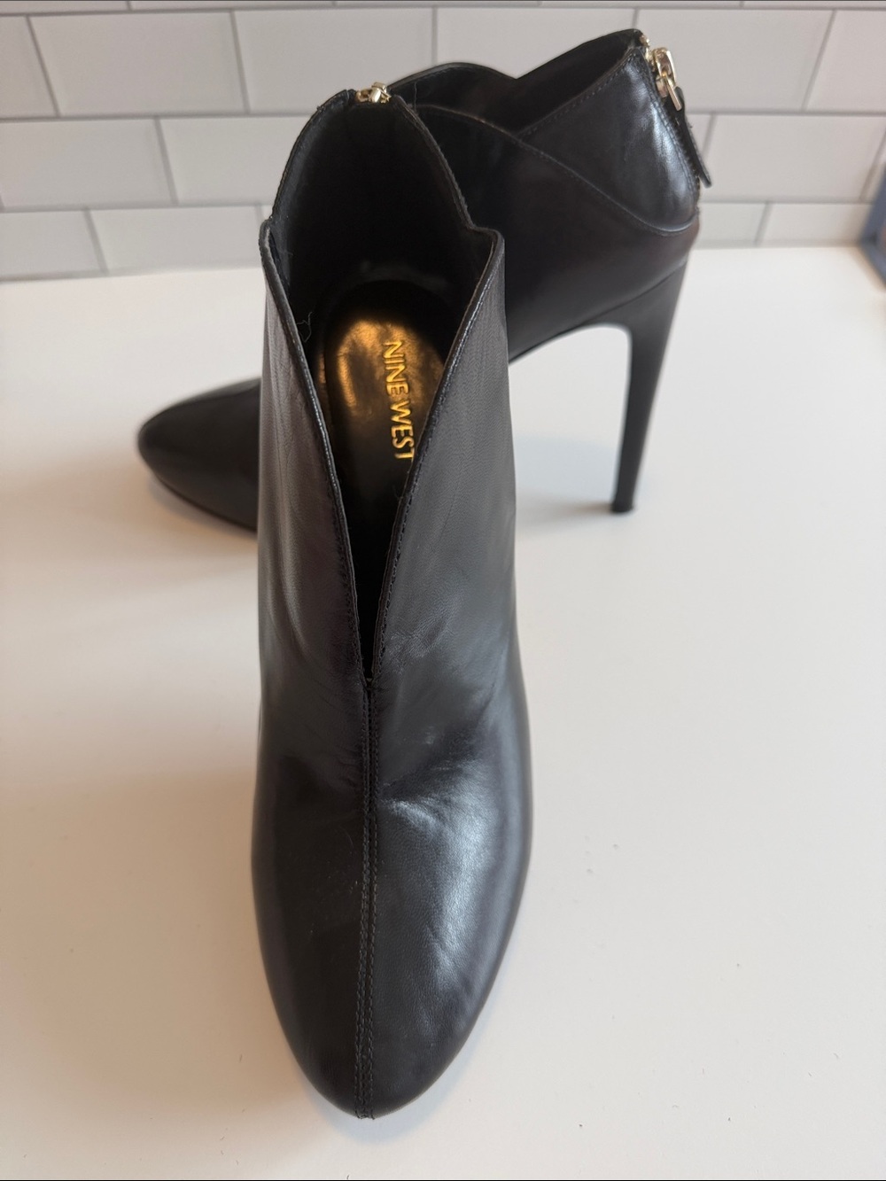 Nine West Black Leather Pointed Ankle Booties with Stiletto Heel